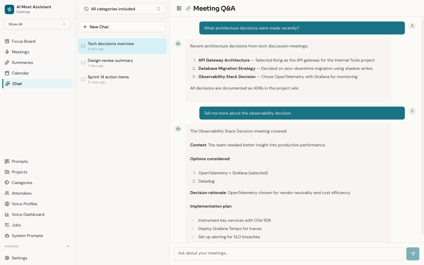 Speklo chat interface showing a natural language question being answered with cited transcript excerpts