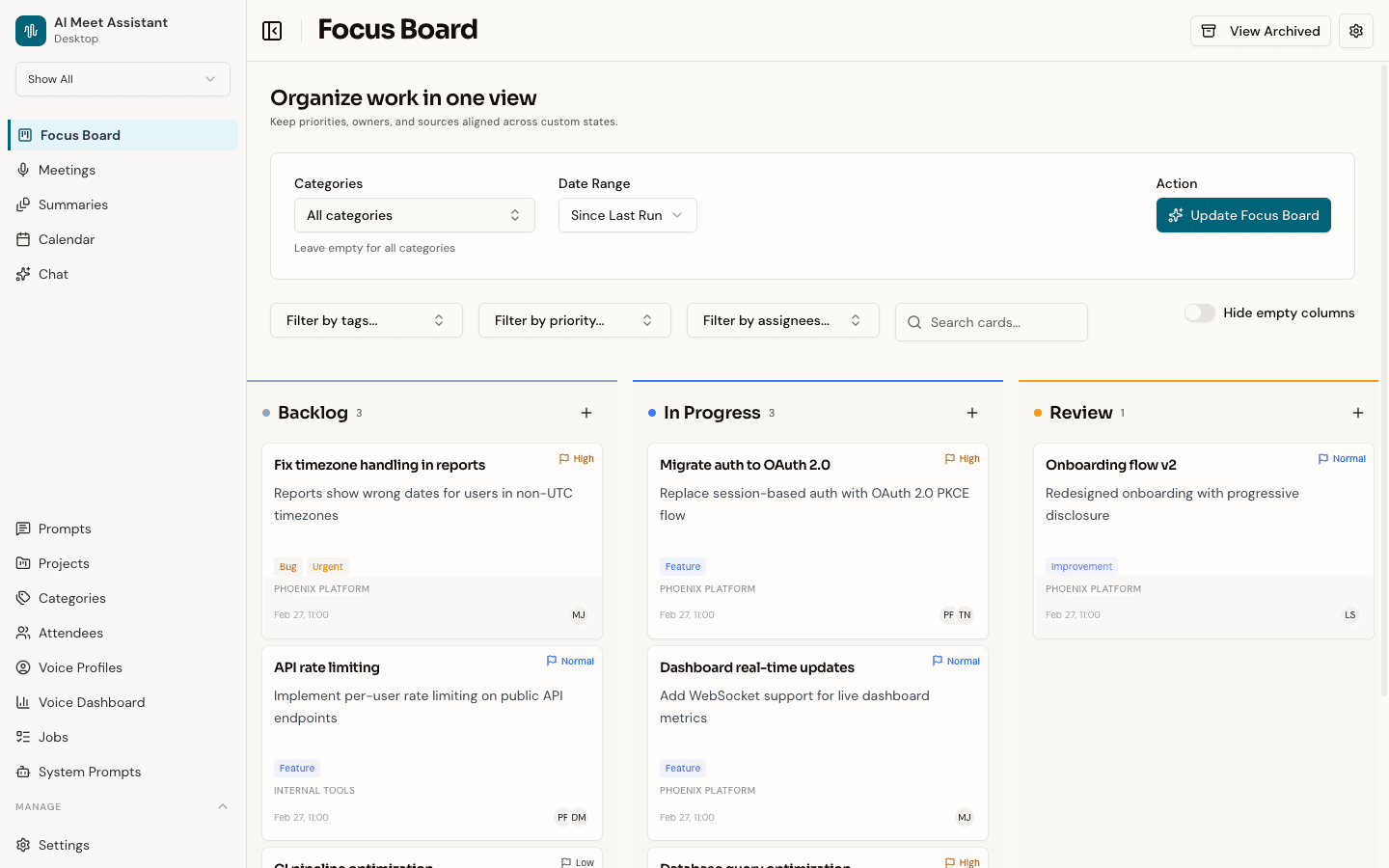 Speklo Focus Board showing a kanban view with cards organized by workflow state, each with priority flags and assignees