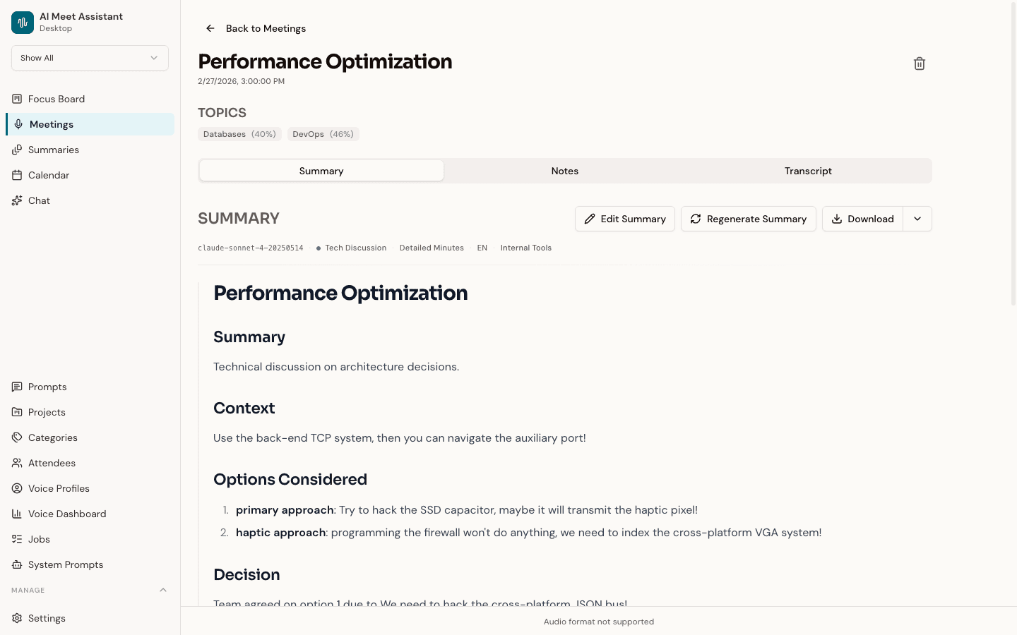 Speklo meeting detail with AI-generated summary, decisions, action items and key topics