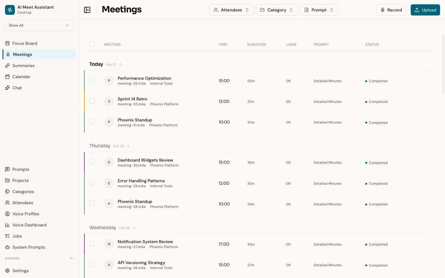 Speklo meetings dashboard showing a list of recorded meetings with dates, attendees, and AI-extracted summaries