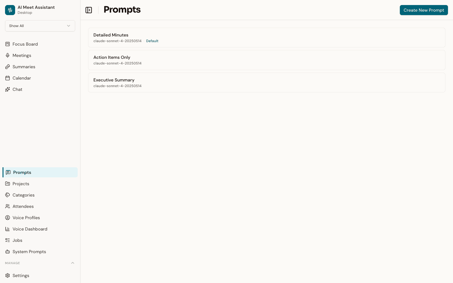 Speklo prompt template editor showing custom prompt configuration with AI model selection