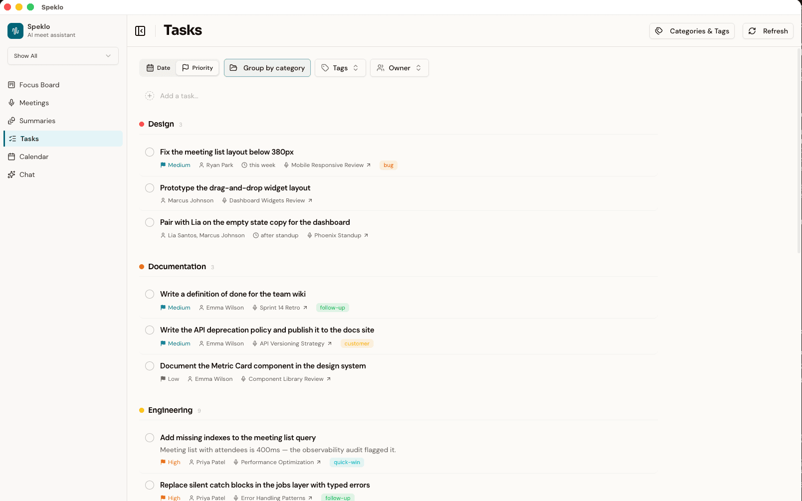 Speklo Tasks page showing tasks grouped by category with owners, due dates, priority flags, tags, and links back to their source meetings