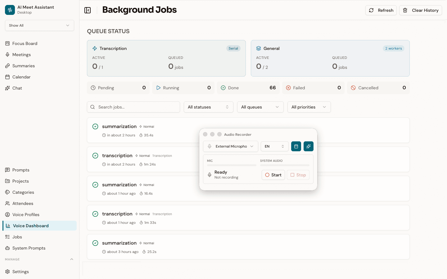 Speklo voice dashboard showing speaker recognition accuracy, voice profiles, and recent correction history